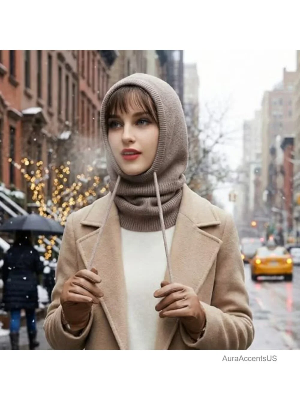 2-in-1 Hooded Scarf Knit Beanie Balaclava Neck Warmer Winter Outdoor